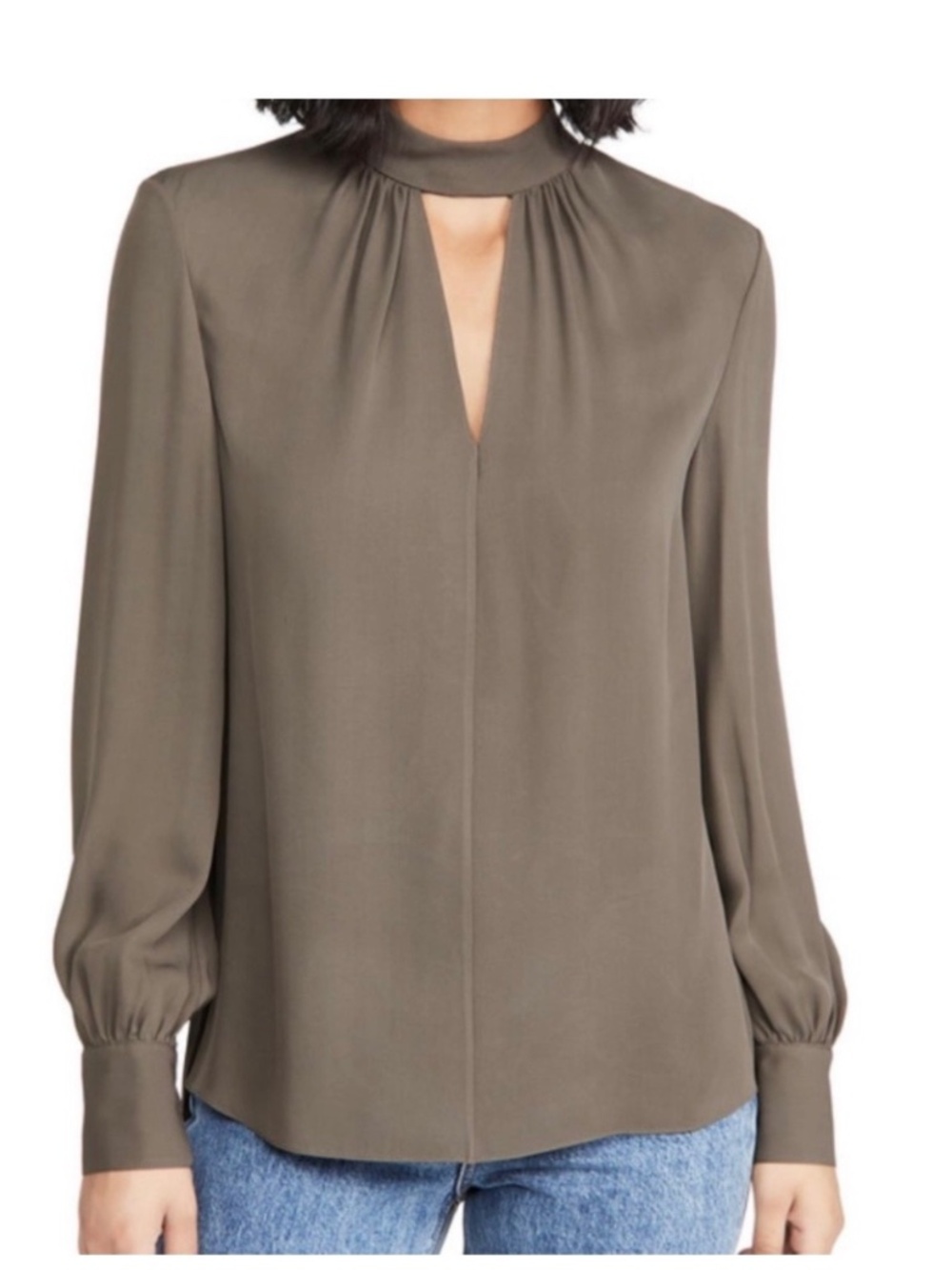 Theory 100% Silk Olive Keyhole Blouse – Woman Size Small